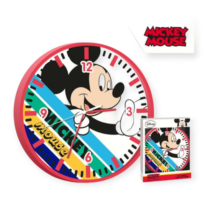 Orologio da parete analogico disney. Sfondo con topolino e la scritta mickey mouse