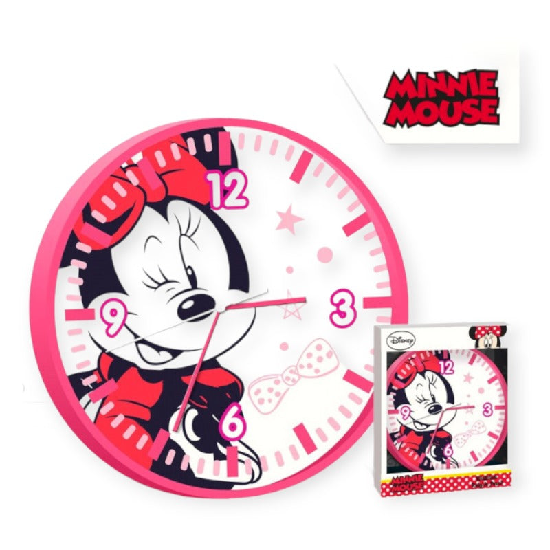 Orologio da parete analogico disney minnie mouse. Sfondo con fiocchi rosa e disegno di minnie