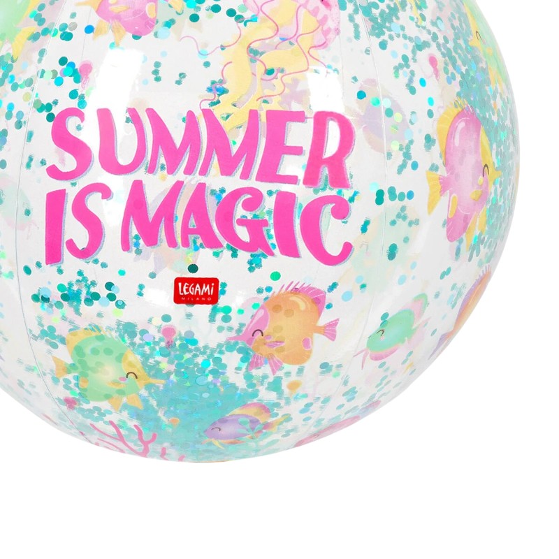 Palla spiaggia gonfiabile Legami Summer is Magic: PVC trasparente con glitter turchese, 40cm, 160g. Design marino magico. Perfetta per mare e piscina!
