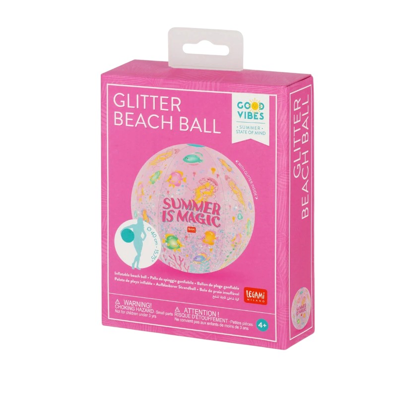 Palla spiaggia gonfiabile Legami Summer is Magic: PVC trasparente con glitter turchese, 40cm, 160g. Design marino magico. Perfetta per mare e piscina!
