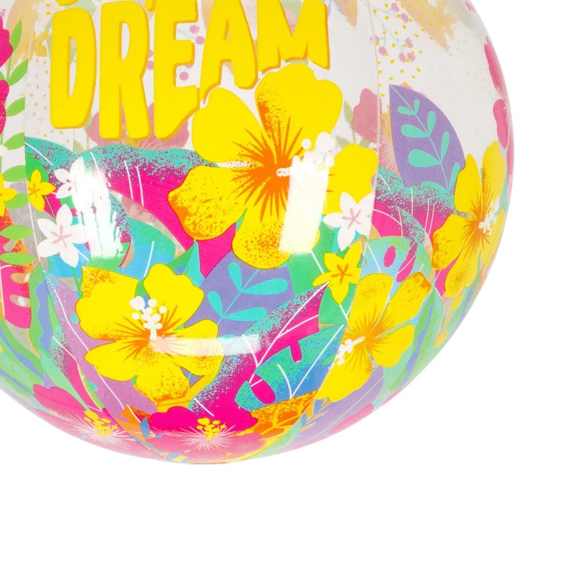 Palla spiaggia gonfiabile Legami Tropicana Dream: PVC trasparente con glitter dorati, 40cm, 160g. Design floreale tropicale. Perfetta per mare e piscina!
