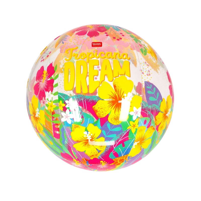 Palla spiaggia gonfiabile Legami Tropicana Dream: PVC trasparente con glitter dorati, 40cm, 160g. Design floreale tropicale. Perfetta per mare e piscina!
