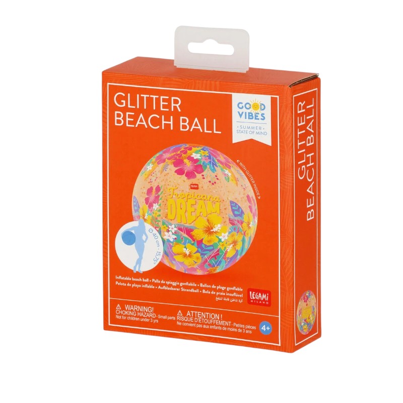 Palla spiaggia gonfiabile Legami Tropicana Dream: PVC trasparente con glitter dorati, 40cm, 160g. Design floreale tropicale. Perfetta per mare e piscina!
