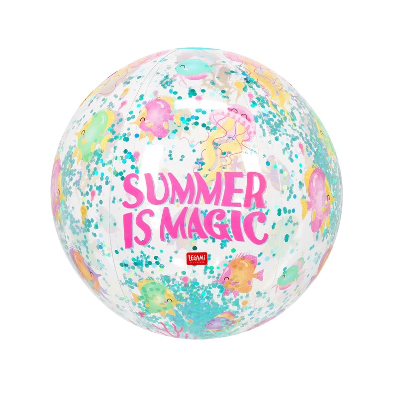 Palla spiaggia gonfiabile Legami Summer is Magic: PVC trasparente con glitter turchese, 40cm, 160g. Design marino magico. Perfetta per mare e piscina!
