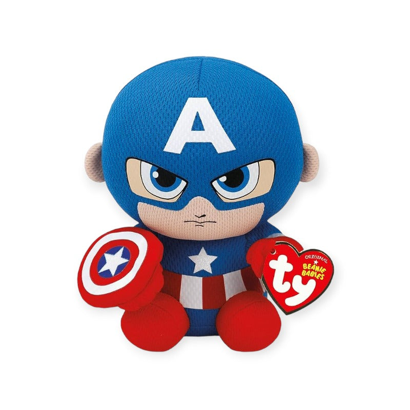 Peluche originale marvel Captain America. Il fantastico pupazzo del supereroe Made in Usa più amato di tutti. Ottima idea regalo per gli appassionati Marvel. Qualità altissima con finitura perfetta nei dettagli e nello scudo.