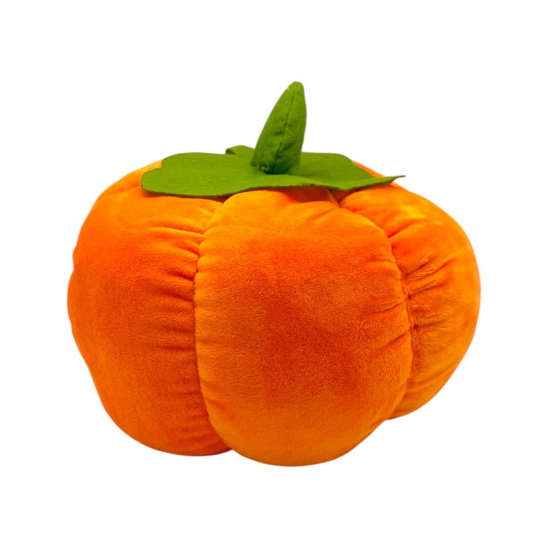 Cuscino peluche Zucca Autunnale: design kawaii con foglia, morbido peluche, disponibile in 25cm e 18cm. Il tocco d'autunno perfetto!