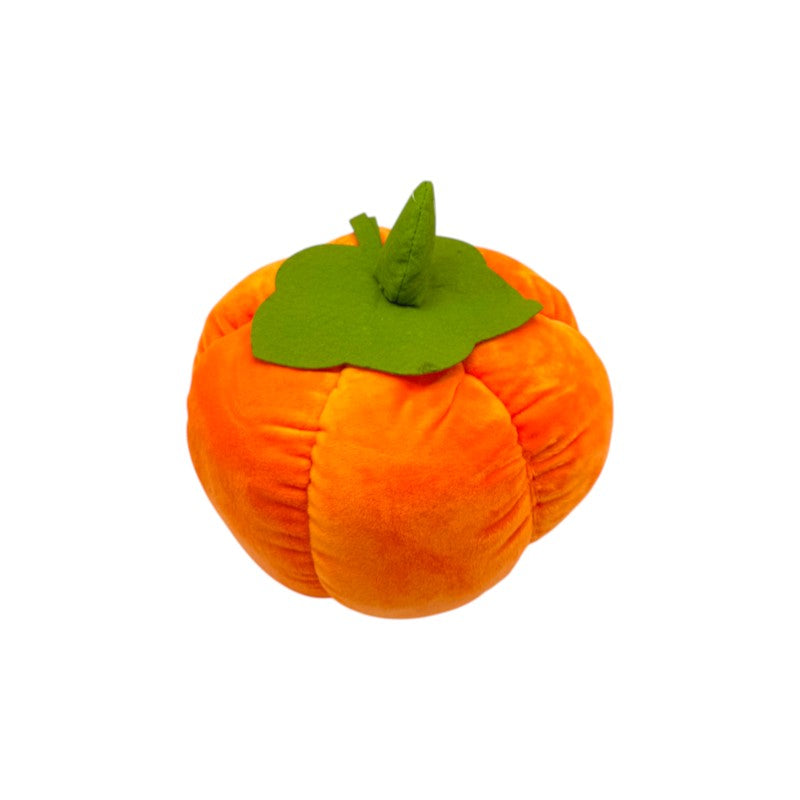 Cuscino peluche Zucca Autunnale: design kawaii con foglia, morbido peluche, disponibile in 25cm e 18cm. Il tocco d'autunno perfetto!