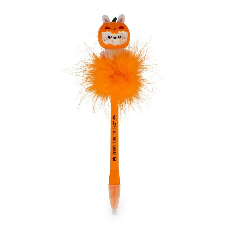 Penna a sfera Legami Zucca Pelosa Spooky Vibes: topper coniglietto, pompon di piume arancione, scritta Ready For Tricks. Edizione limitata!