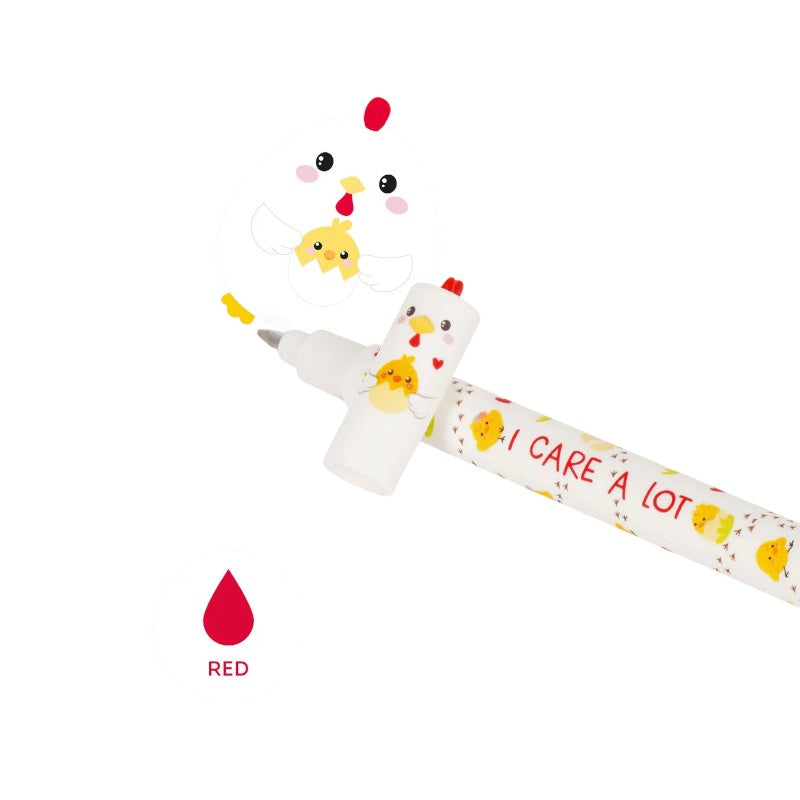 Penna cancellabile Legami Gallina — inchiostro rosso termosensibile, gomma integrata, fusto pulcini kawaii "I Care A Lot". Regalo tenero e originale.
