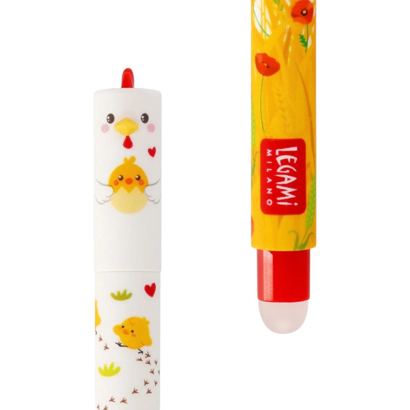 Penna cancellabile Legami Gallina — inchiostro rosso termosensibile, gomma integrata, fusto pulcini kawaii "I Care A Lot". Regalo tenero e originale.