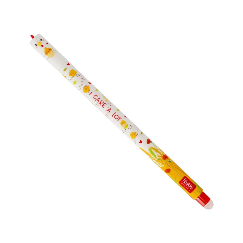 Penna cancellabile Legami Gallina — inchiostro rosso termosensibile, gomma integrata, fusto pulcini kawaii "I Care A Lot". Regalo tenero e originale.