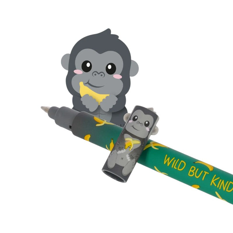 Penna cancellabile Legami Gorilla — inchiostro nero termosensibile, gorillino 3D kawaii, fusto verde banane, scritta Wild But Kind. Regalo originale. 