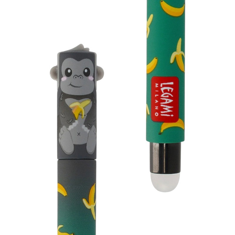 Penna cancellabile Legami Gorilla — inchiostro nero termosensibile, gorillino 3D kawaii, fusto verde banane, scritta Wild But Kind. Regalo originale. 