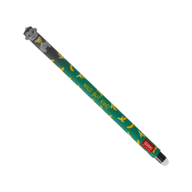 Penna cancellabile Legami Gorilla — inchiostro nero termosensibile, gorillino 3D kawaii, fusto verde banane, scritta Wild But Kind. Regalo originale. 