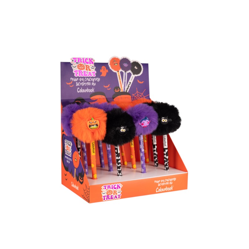 Penna gel cancellabile Colourbook Trick or Treat con pon pon peloso di Halloween: zucca, vampiro o pipistrello, inchiostro blu. Su Viano Shop!
