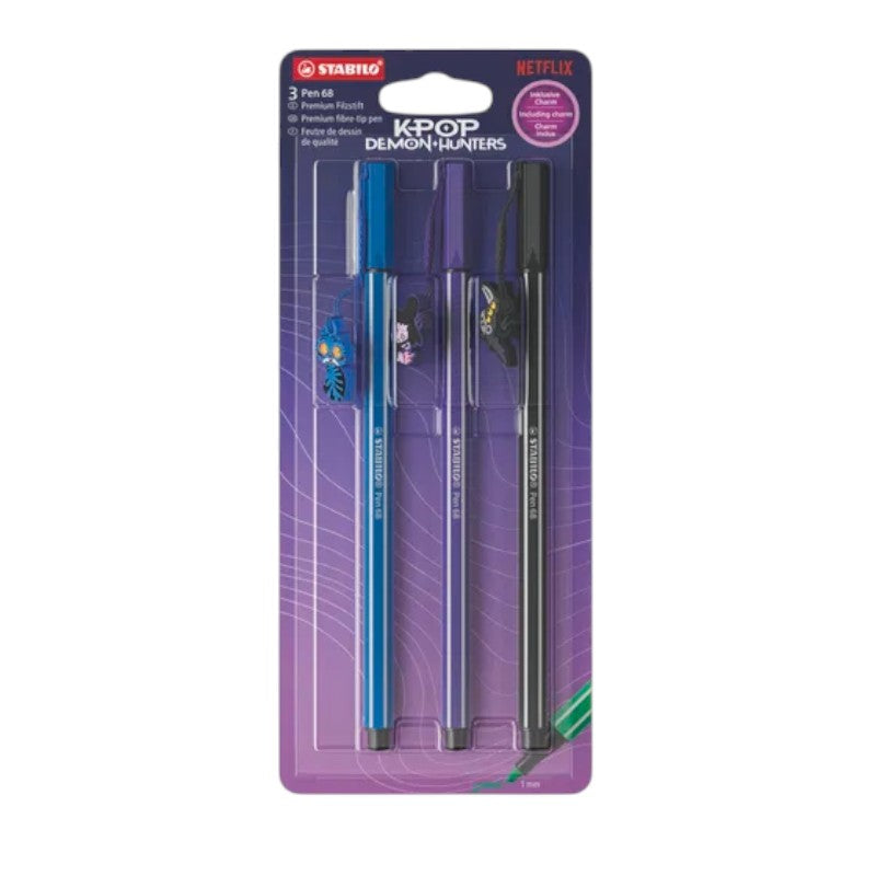 Set 3 pennarelli STABILO Pen 68 KPop Demon Hunters con charm dei personaggi, punta 1 mm per disegno e lettering. Scoprili su Viano Shop!