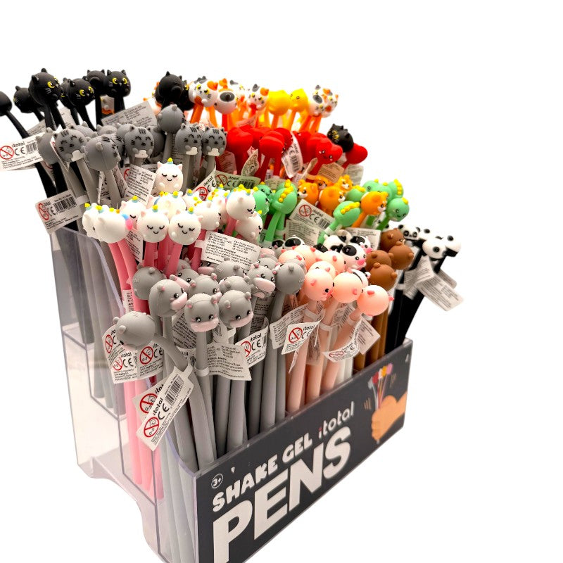 Penne gel Shake I-Total — topper animale 3D kawaii, meccanismo shake, inchiostro gel nero. Regalo originale per bambini e amanti della cartoleria.