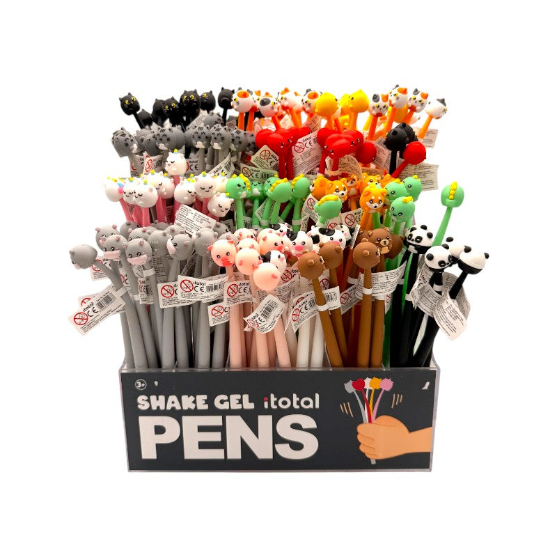 Penne gel Shake I-Total — topper animale 3D kawaii, meccanismo shake, inchiostro gel nero. Regalo originale per bambini e amanti della cartoleria.