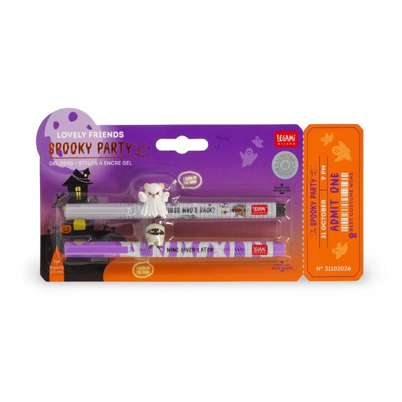 Set 2 penne gel Legami Lovely Friends Spooky Party: topper glow in the dark fantasmino e gatto mummia. Edizione limitata Halloween!