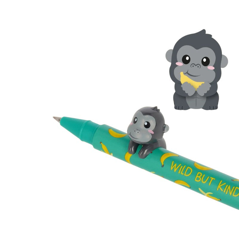 Penna gel Legami Lovely Friends Gorilla — gorillino 3D kawaii abbracciato al fusto, inchiostro nero, scritta Wild But Kind. Regalo coordinato.