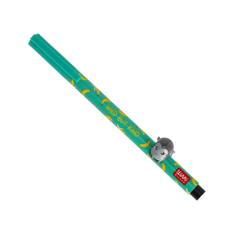 Penna gel Legami Lovely Friends Gorilla — gorillino 3D kawaii abbracciato al fusto, inchiostro nero, scritta Wild But Kind. Regalo coordinato.