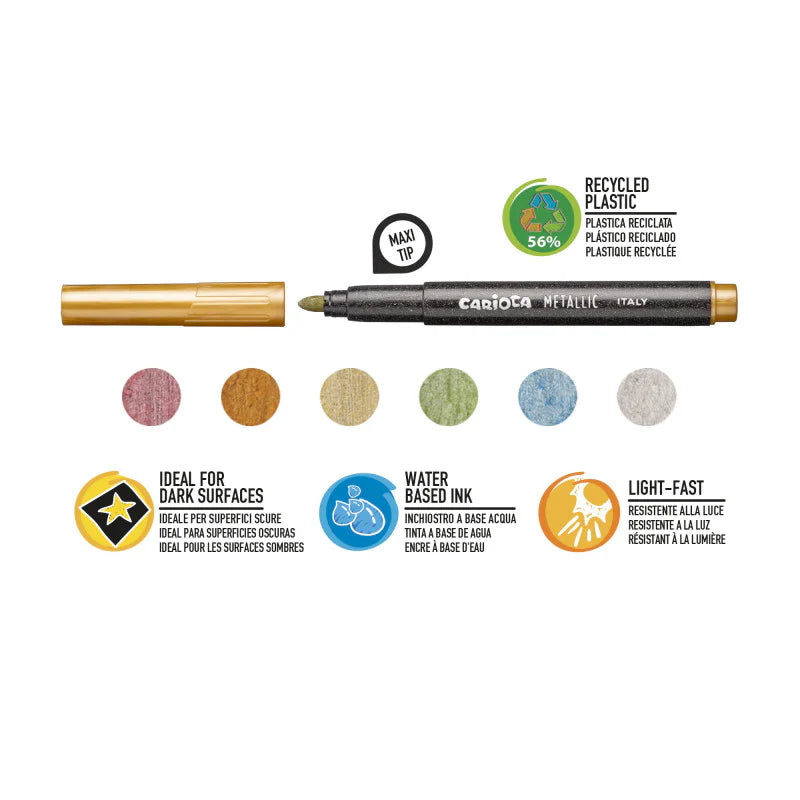 6 pennarelli metallici Carioca Maxi Tip: inchiostro acqua light-fast, permanenti su superfici porose. Ideali per carta scura e creatività. Made in Italy!