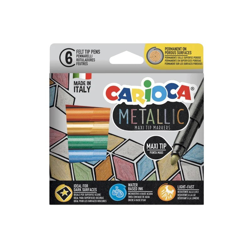 6 pennarelli metallici Carioca Maxi Tip: inchiostro acqua light-fast, permanenti su superfici porose. Ideali per carta scura e creatività. Made in Italy!