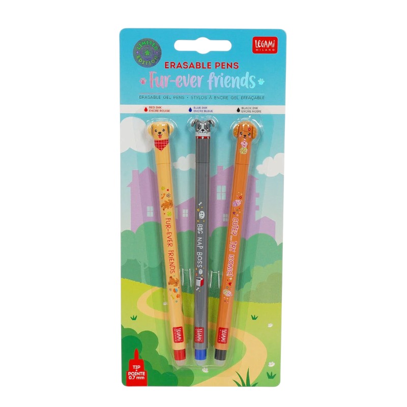 Penne cancellabili Legami Fur-ever Friends: 3 penne con topper cagnolini 3D, inchiostro rosso blu nero, punta 0,7mm, ricaricabili. Limited edition kawaii!
