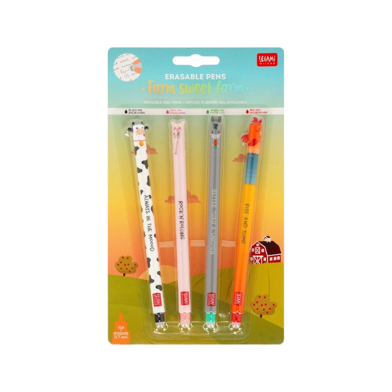 Fantastico set composto da 4 penne cancellabili legami limited edition a tema fattoria: Gallo, Asino, Mucca e Maiale.