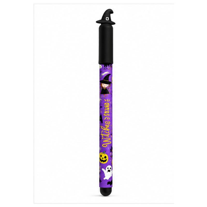 Penna cancellabile Halloween Tinta Unita con topper 3D: strega, fantasma o zucca, fusto decorato e gommino. Scoprila su Viano Shop!
