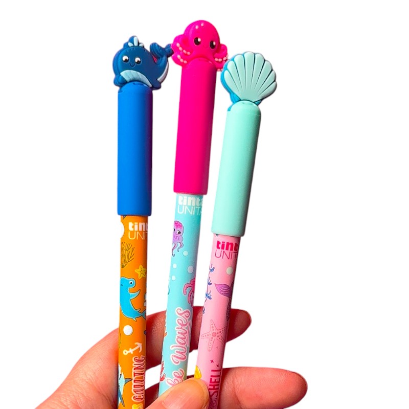 Set 3 penne cancellabili Tinta Unita Hello Summer: tappi mare in silicone, inchiostro blu e refill incluso. Limited edition.