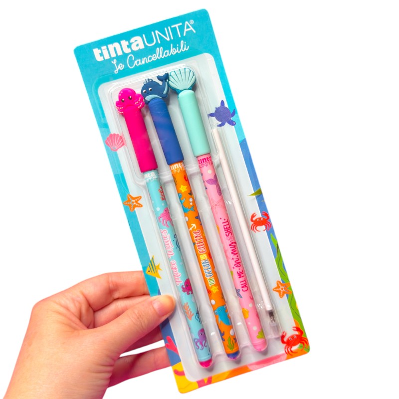 Set 3 penne cancellabili Tinta Unita Hello Summer: tappi mare in silicone, inchiostro blu e refill incluso. Limited edition.