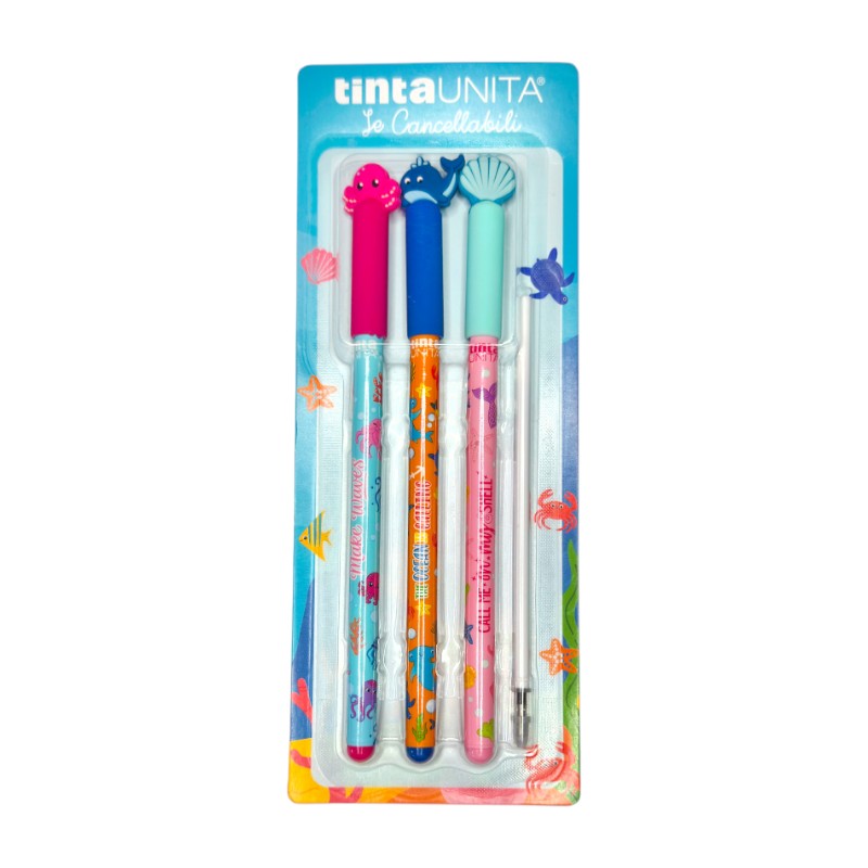 Set 3 penne cancellabili Tinta Unita Hello Summer: tappi mare in silicone, inchiostro blu e refill incluso. Limited edition.
