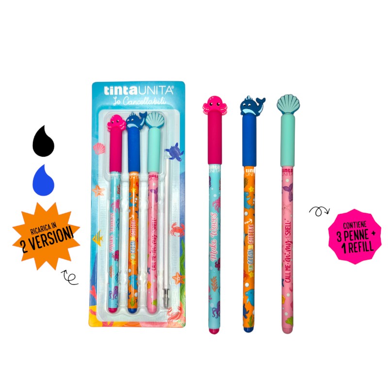 Set 3 penne cancellabili Tinta Unita Hello Summer: tappi mare in silicone, inchiostro blu e refill incluso. Limited edition.