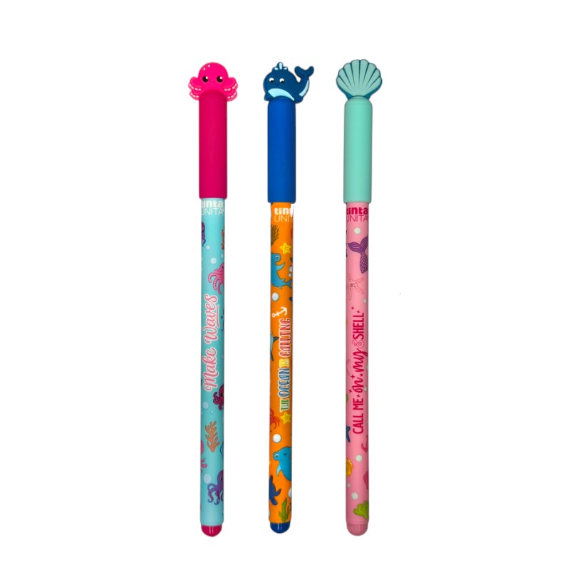 Set 3 penne cancellabili Tinta Unita Hello Summer: tappi mare in silicone, inchiostro blu e refill incluso. Limited edition.