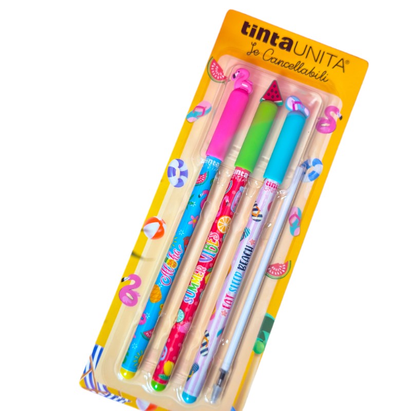 Set 3 penne cancellabili Tinta Unita Hello Summer Beach: tappi fenicottero, anguria e infradito, refill incluso. Limited edition estiva