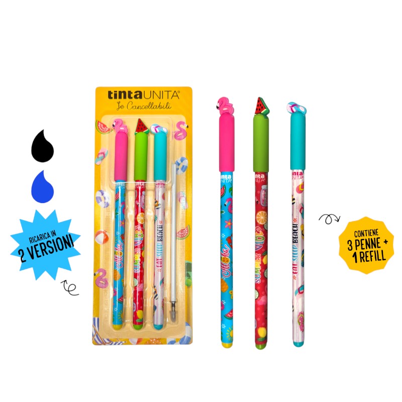 Set 3 penne cancellabili Tinta Unita Hello Summer Beach: tappi fenicottero, anguria e infradito, refill incluso. Limited edition estiva