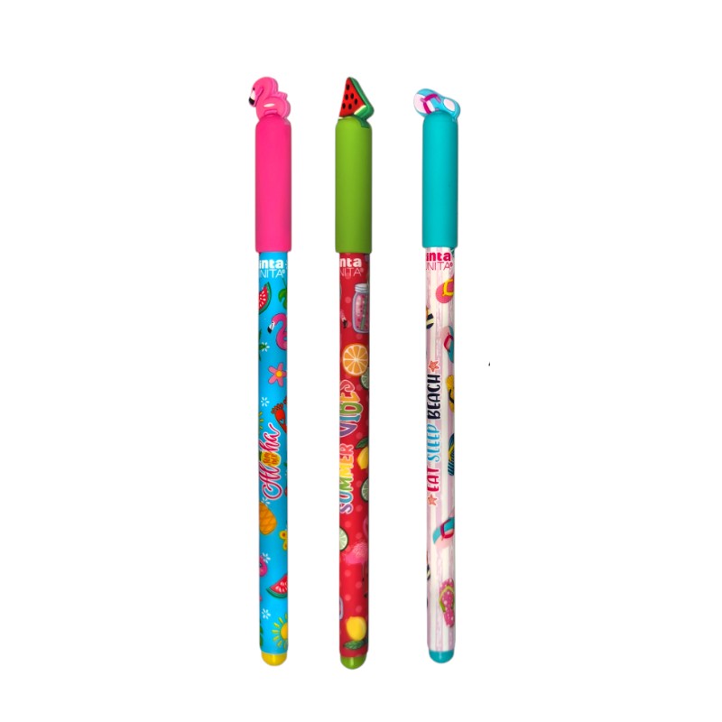 Set 3 penne cancellabili Tinta Unita Hello Summer Beach: tappi fenicottero, anguria e infradito, refill incluso. Limited edition estiva