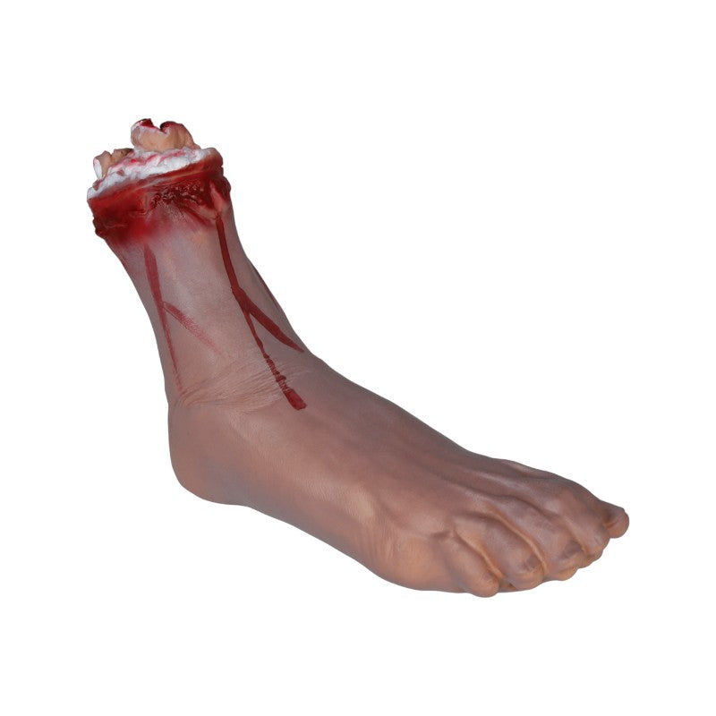 Piede mozzato finto di Halloween con effetto sangue realistico: decorazione horror per scherzi, feste a tema e case infestate. Su Viano Shop!