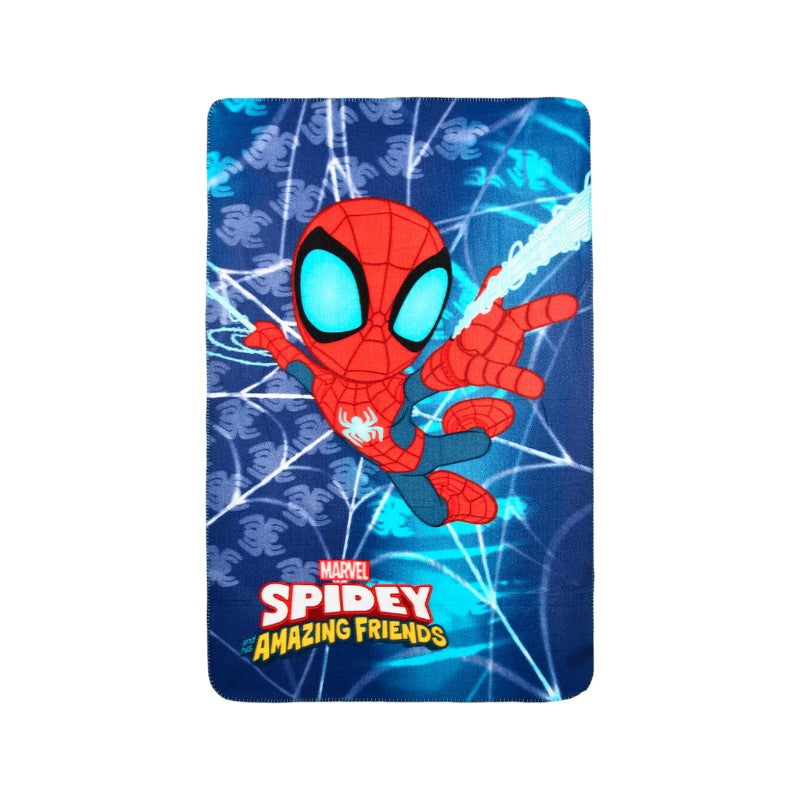Bellissimo plaid in pile a tema Marvel con Spidey che vola tra le regnatele