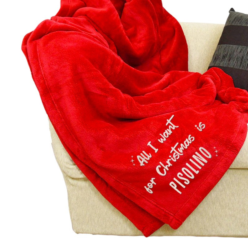 Bellissima coperta natalizia con la scritta ricamata "All I Want for Christmas is Pisolino"