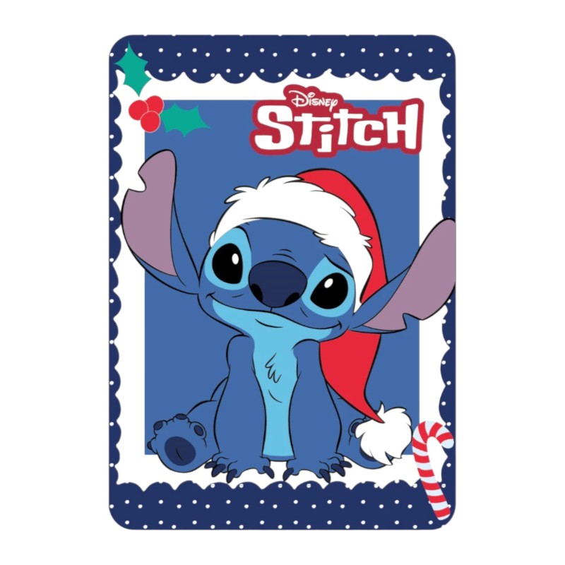 Bellissimo plaid Disney in pile a tema natalizio con Stitch che indossa il cappello di Babbo Natale