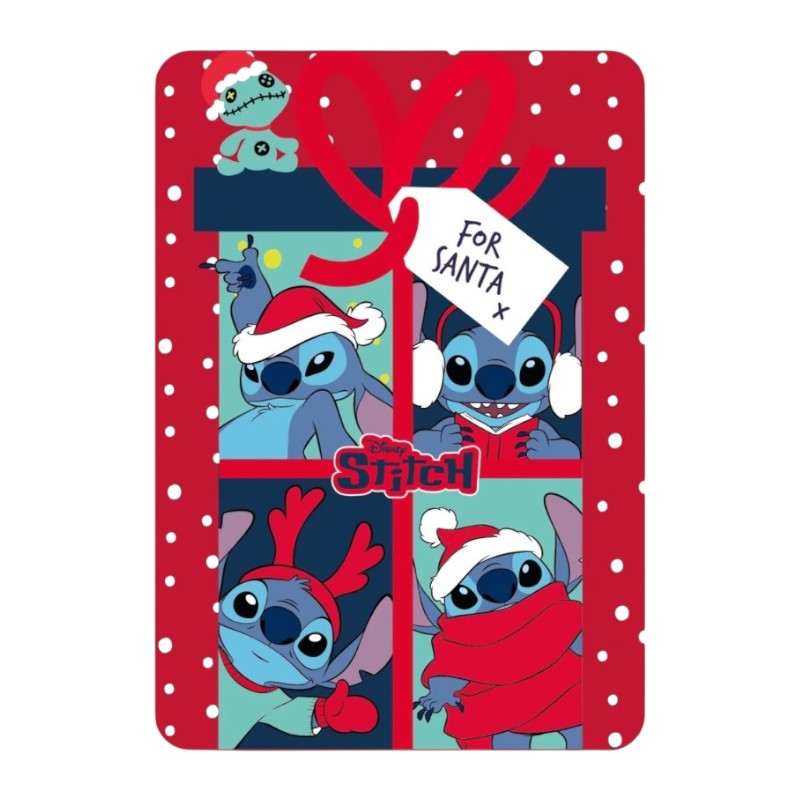 Bellissimo plaid in pile Disney con quattro immagini di Stitch vestito a tema natalizio e la scritta "For Santa"