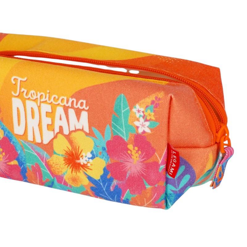 Pochette termica spiaggia Legami Tropicana Dream 18x14cm: cotone canvas + interno EVA, zip arancione, laccetto. Protegge creme e smartphone dal caldo. Scoprila!
