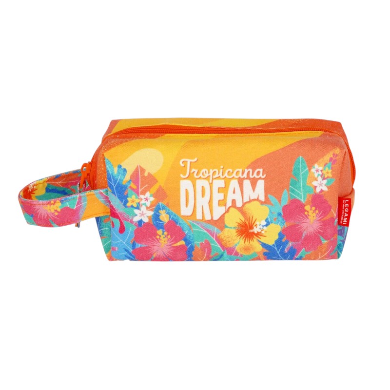 Pochette termica spiaggia Legami Tropicana Dream 18x14cm: cotone canvas + interno EVA, zip arancione, laccetto. Protegge creme e smartphone dal caldo. Scoprila!
