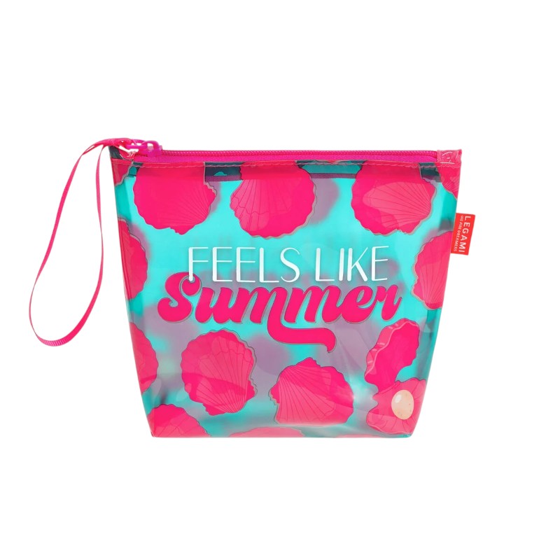 Pochette mare Legami Feels Like Summer 20x16cm: TPU trasparente impermeabile, zip, laccetto fucsia. Design conchiglie. Perfetta per spiaggia e costume bagnato!
