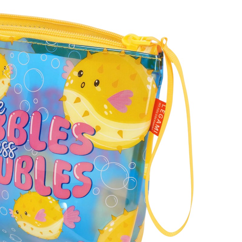 Pochette mare Legami Pufferfish 20x16cm: TPU trasparente impermeabile, zip, laccetto da polso. Design kawaii pesce palla. Perfetta per spiaggia e costume!

