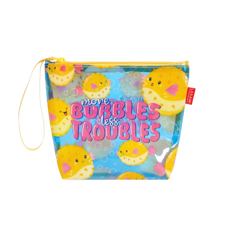 Pochette mare Legami Pufferfish 20x16cm: TPU trasparente impermeabile, zip, laccetto da polso. Design kawaii pesce palla. Perfetta per spiaggia e costume!

