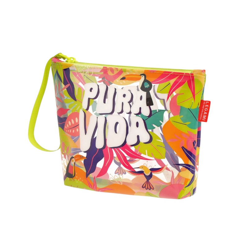 Pochette mare Legami Pura Vida 20x16cm: TPU trasparente impermeabile, zip, laccetto da polso. Design jungle tropicale con tucani. Perfetta per la spiaggia!
