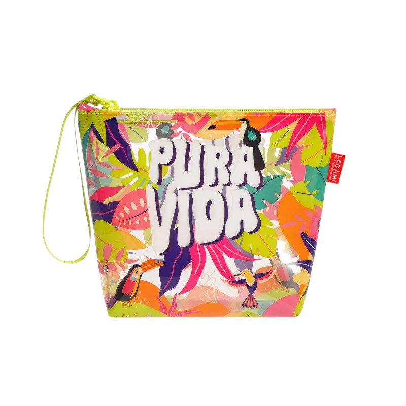 Pochette mare Legami Pura Vida 20x16cm: TPU trasparente impermeabile, zip, laccetto da polso. Design jungle tropicale con tucani. Perfetta per la spiaggia!
